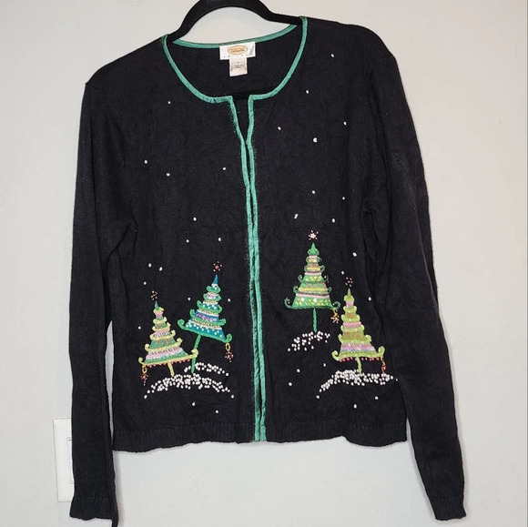 Talbots Christmas Tree Embellished Embroidered Knit Sweater Cardigan Size LP VTG - Picture 4 of 16